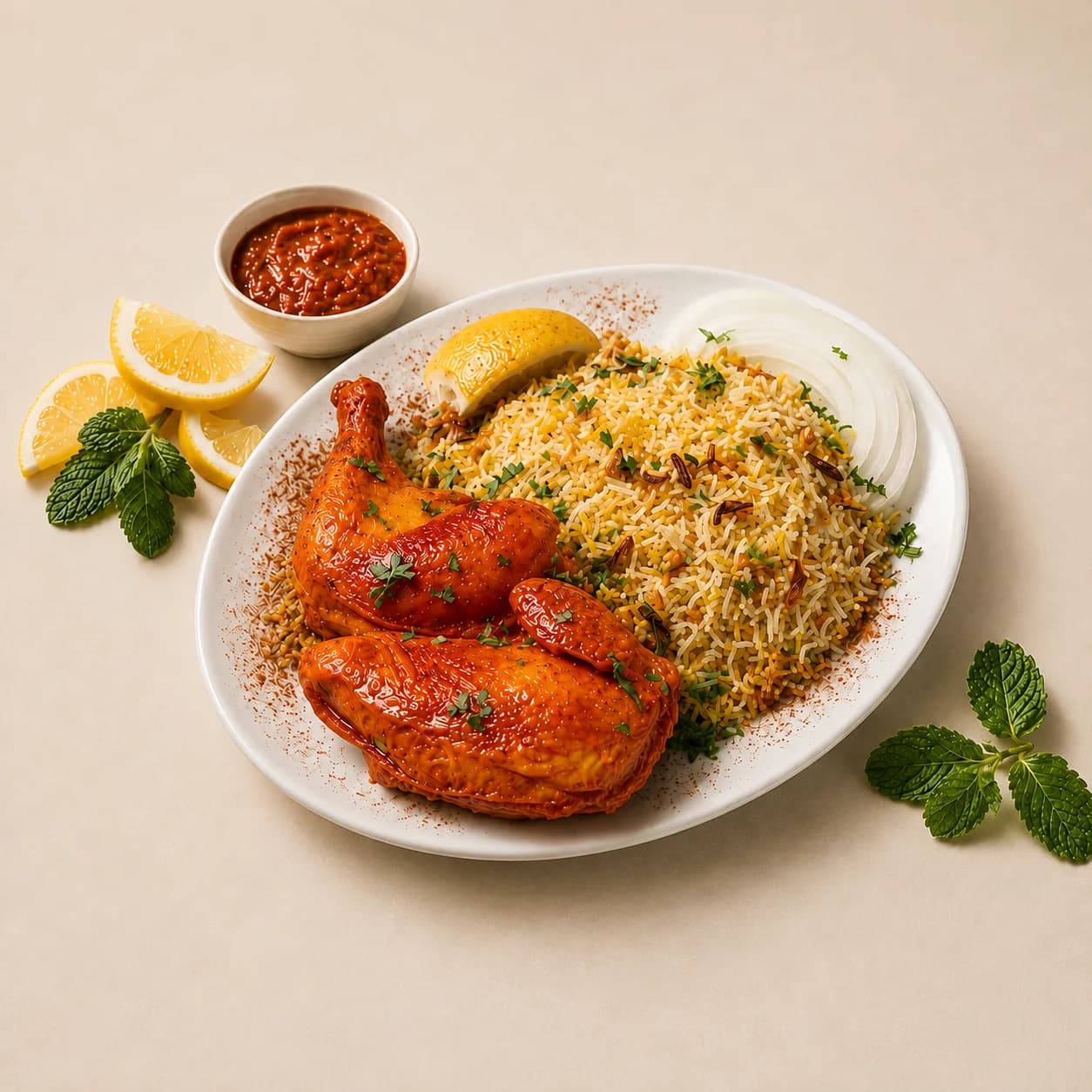 Mandi Dajaj — Half chicken gently cooked with herbs and spices, served with fragrant mandi rice.